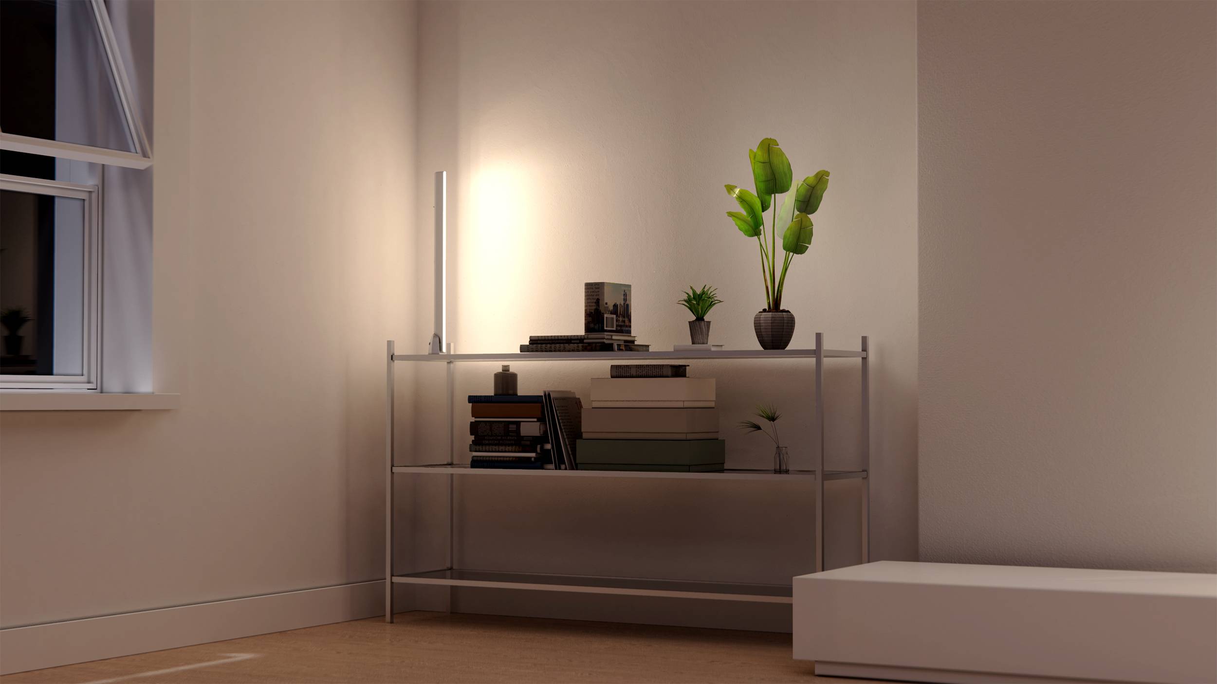 A minimalist living room with a shelving unit displaying books, plants, and a lamp. A white bench sits to the right of the image.