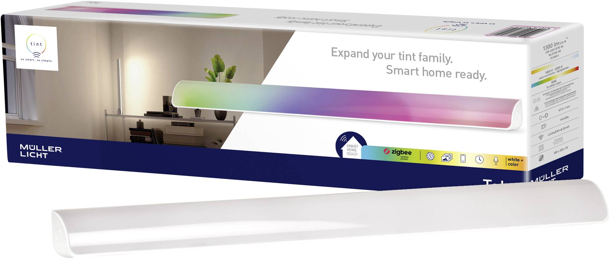 Packaging for a colour-changing LED light strip with smart home compatibility. Depicts a room with contemporary lighting.