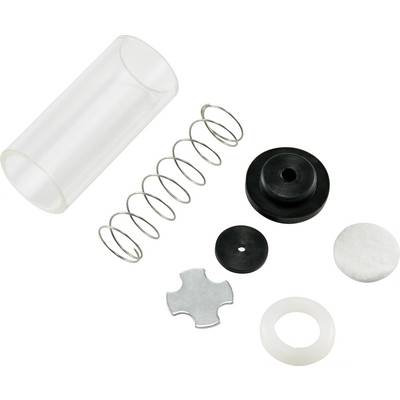 Dismantled components of a cylinder: casing, spring, seal, membrane, felt washer, metal cross. Representation of mechanical parts.