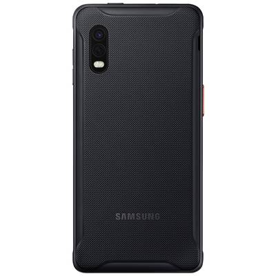 Back of a black Samsung smartphone with dual camera and textured design.