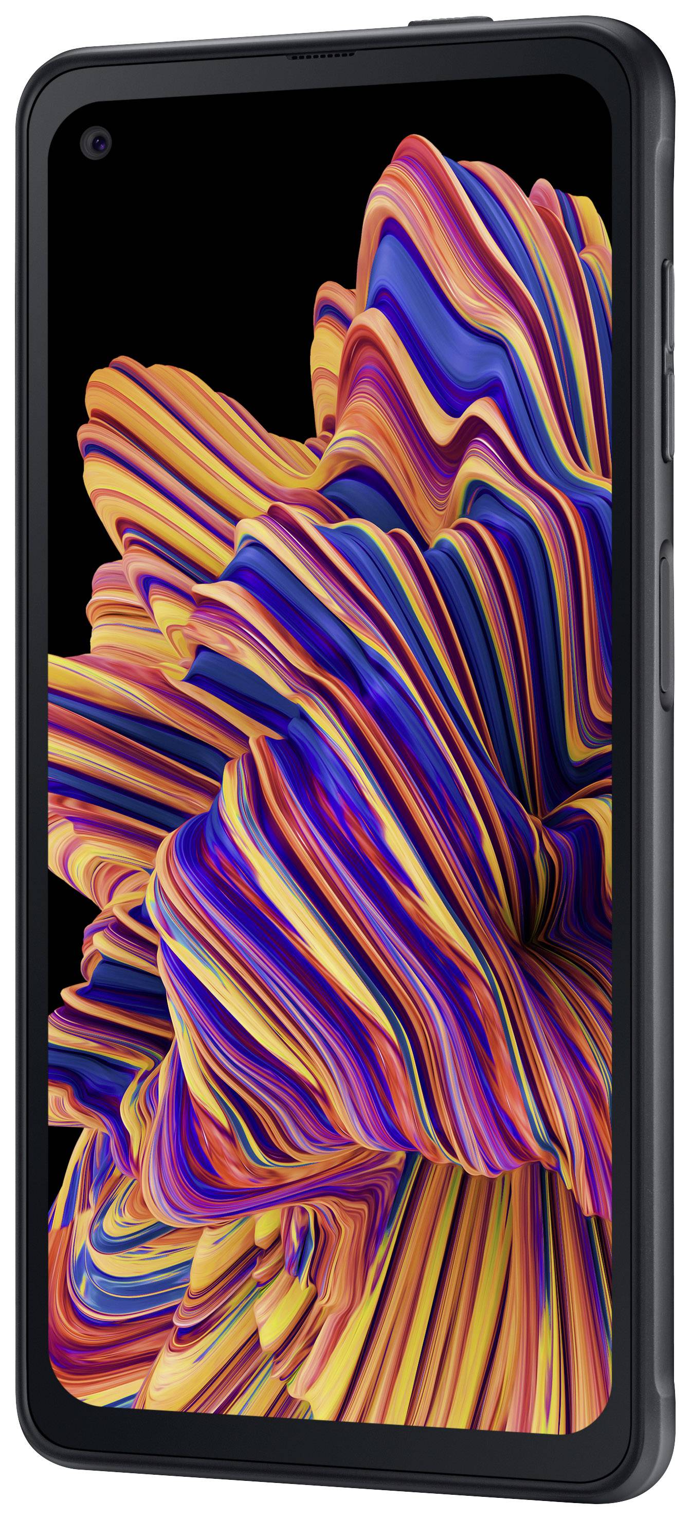 A smartphone with a colourful, wave-like pattern on the screen. The device has thin bezels and a camera hole in the top left corner.