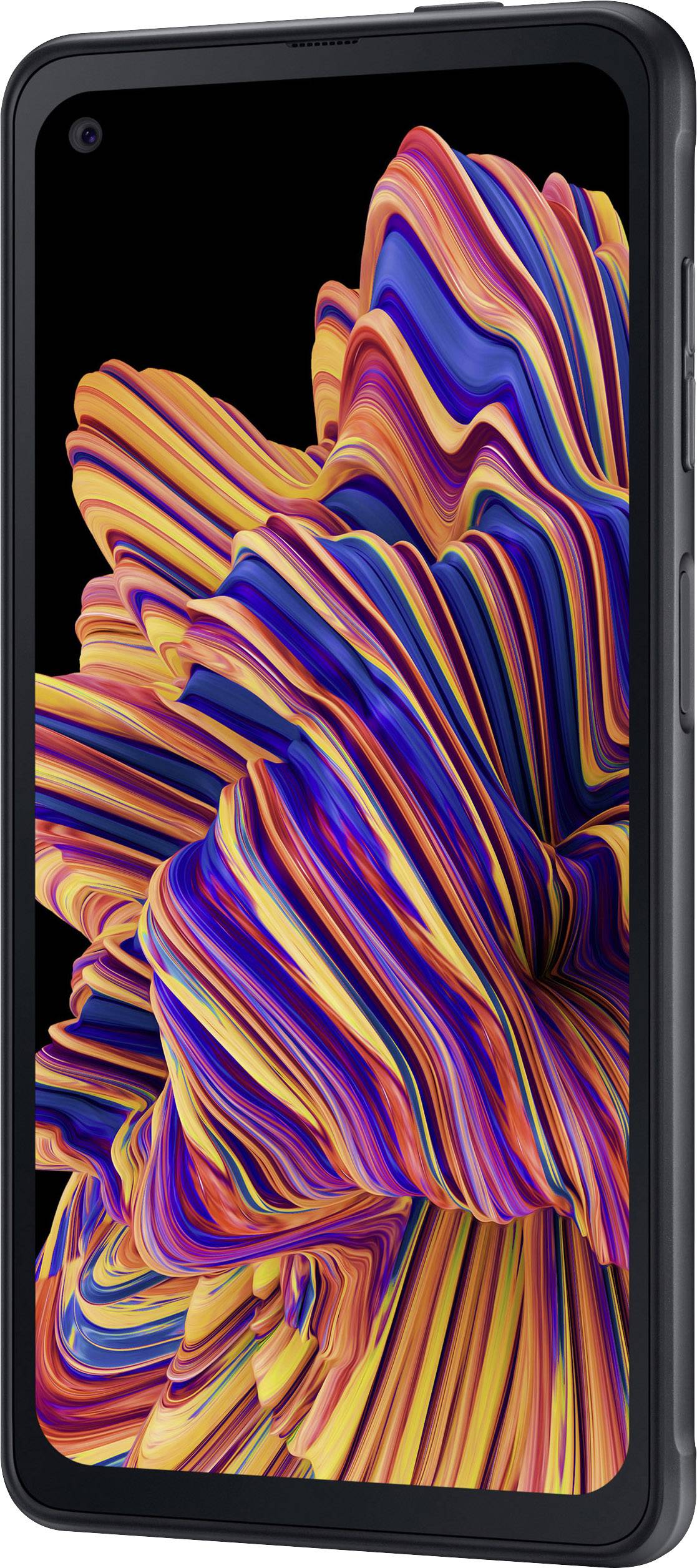A smartphone with a vibrant, colourful image on the screen, displaying orange, blue, and yellow wavy stripes.