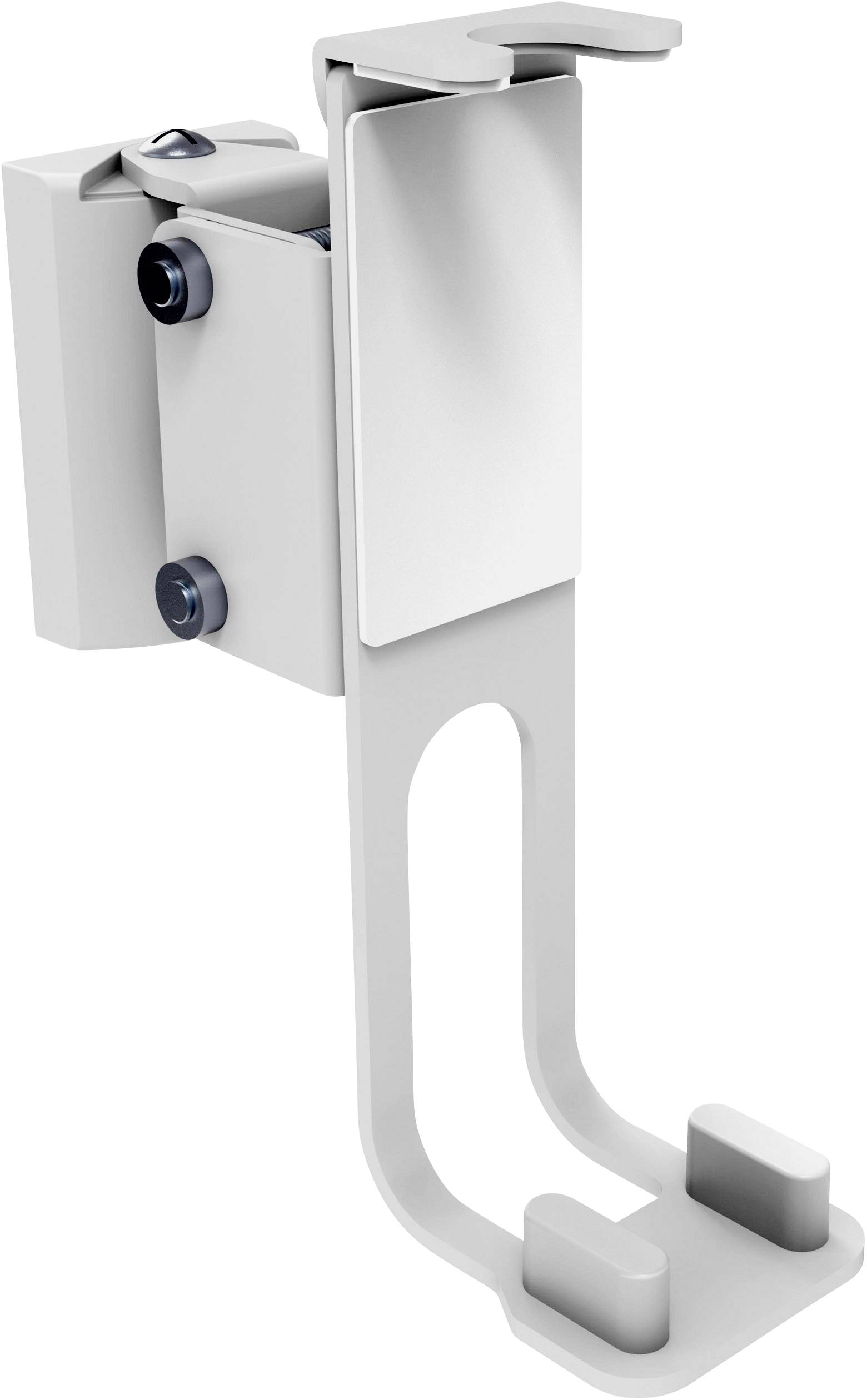 L-shaped metallic hook in white, with screw fixings, suitable for hanging on edges or walls.