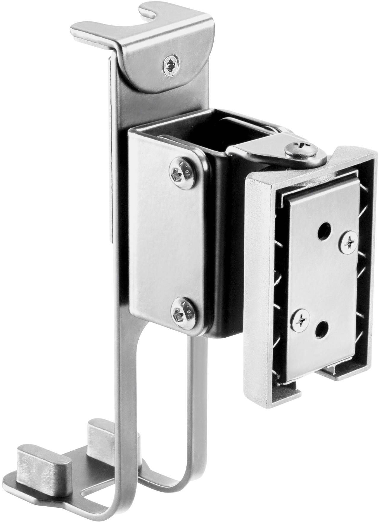 Metal mounting bracket with screws and adjustable arm, suitable for attaching electronic or mechanical devices to walls.