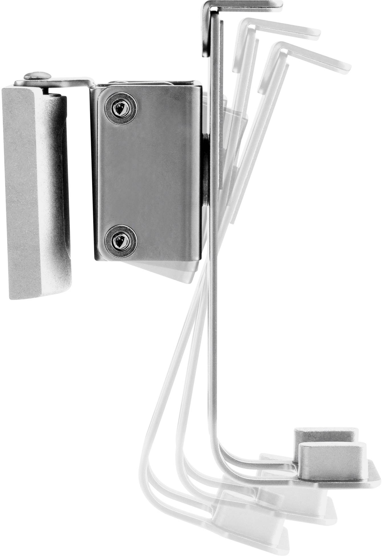 Door lock mechanism with multiple movable parts, shown in a series to demonstrate different opening phases.