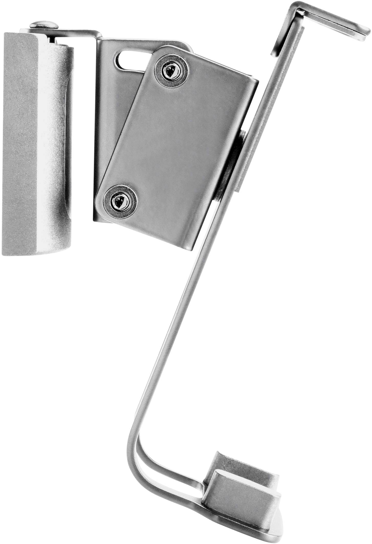 A silver metal hinge with screws and a long, curved arm. It appears to be a functional component.