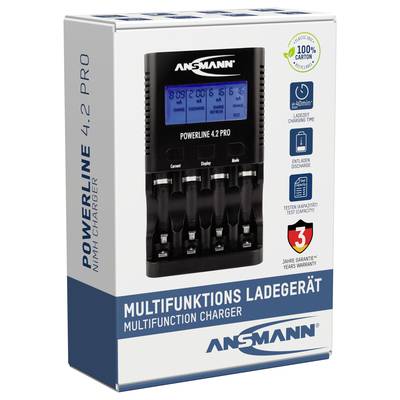 Battery Charger 'Ansmann Powerline 4.2 Pro' with four charging slots, LCD display and quick charge function. Packaging with environmental and warranty information.