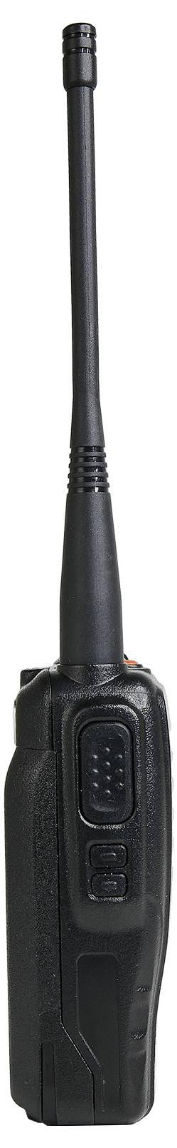 A black radio transceiver with a long antenna and two buttons on the side. Suitable for communication over radio frequencies.