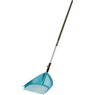 A blue garden rake with a long wooden handle, useful for raking and collecting leaves in the garden.