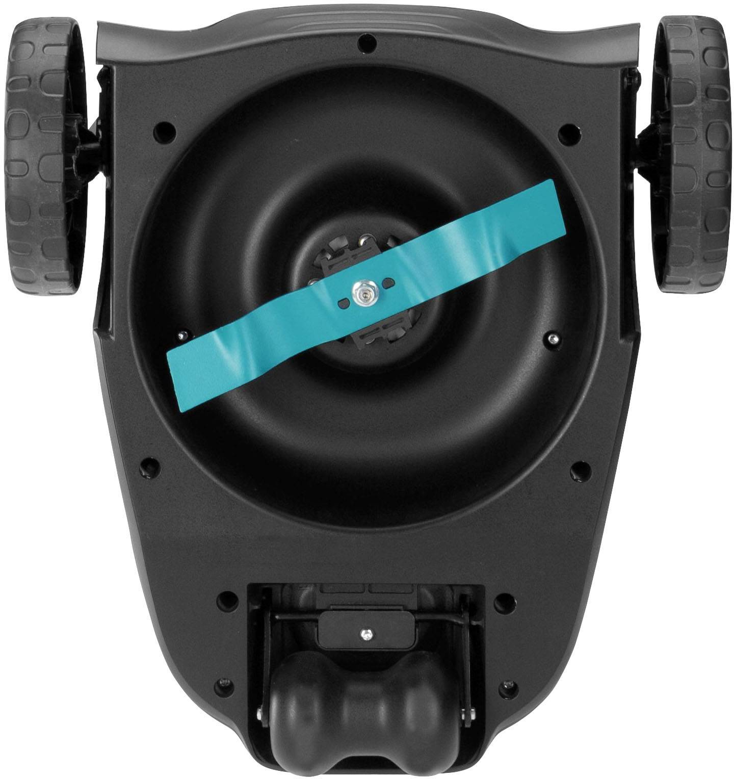 The image shows the underside of a robotic lawnmower with two large wheels and a central cutting blade.