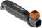 Black garden hose connector with an orange rotating lock, Gardena brand.