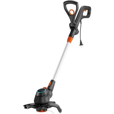 Electric lawn trimmer with ergonomic handle, long shaft and a blade for maintaining lawn areas.