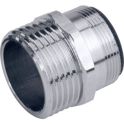 A gleaming metal adapter with an external thread, suitable for connecting two pipes or hoses, shown in close-up.