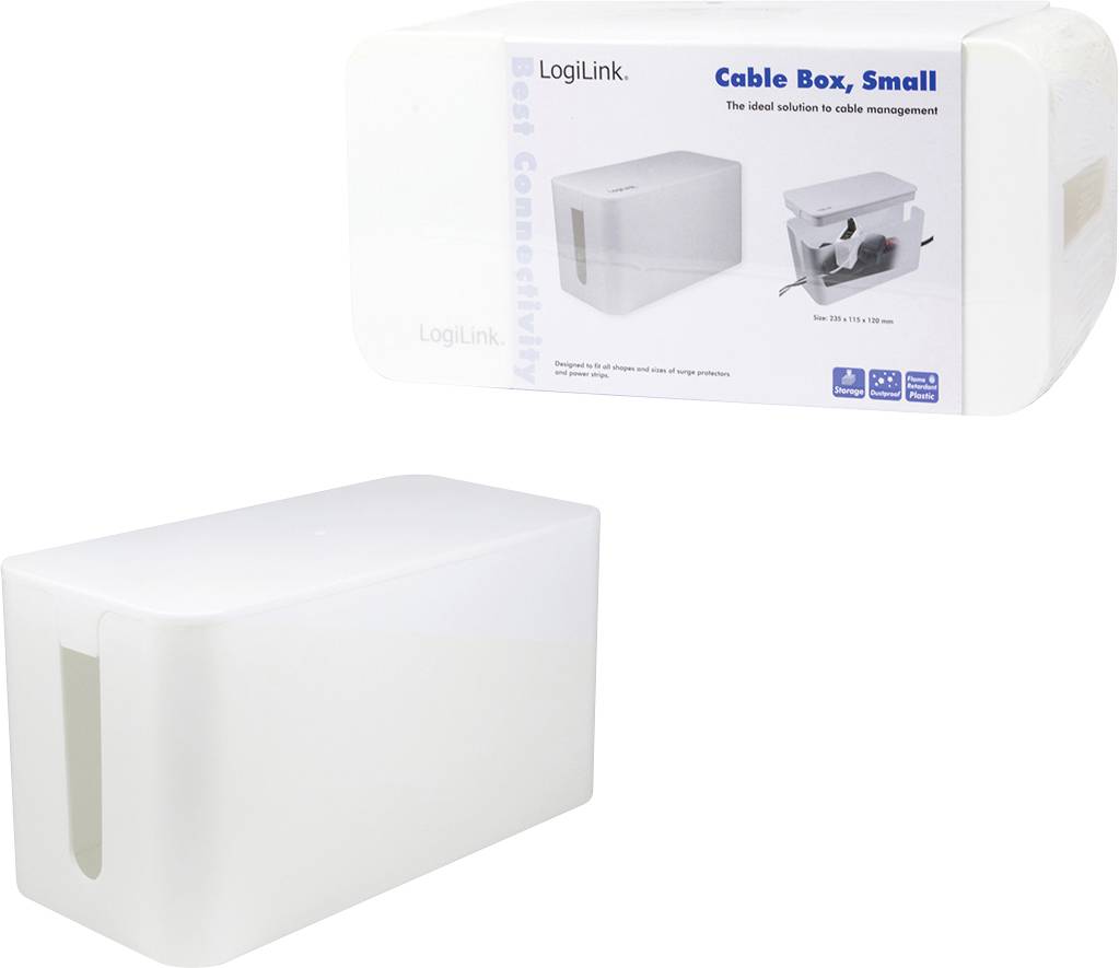 Cable management box, small, white, for cable organisation. Brand name printed at the top of the packaging. Product image and dimensions clearly visible.
