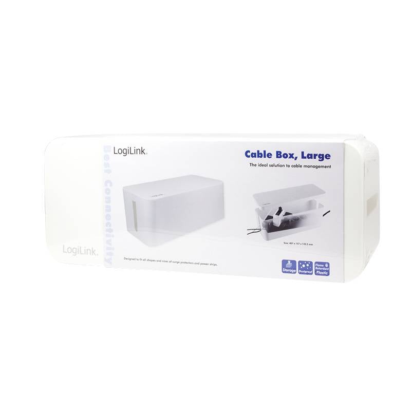 White cable management box by LogiLink, large size. Print: 'Cable Box, Large. The ideal solution in cable management.' Packaging image showing cable storage.