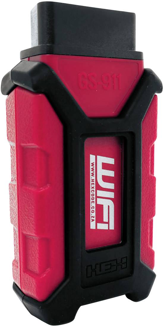 Red and black GS-911 WiFi diagnostic adapter for BMW motorcycles, displaying website 'www.hexcode.co.za' on the front.