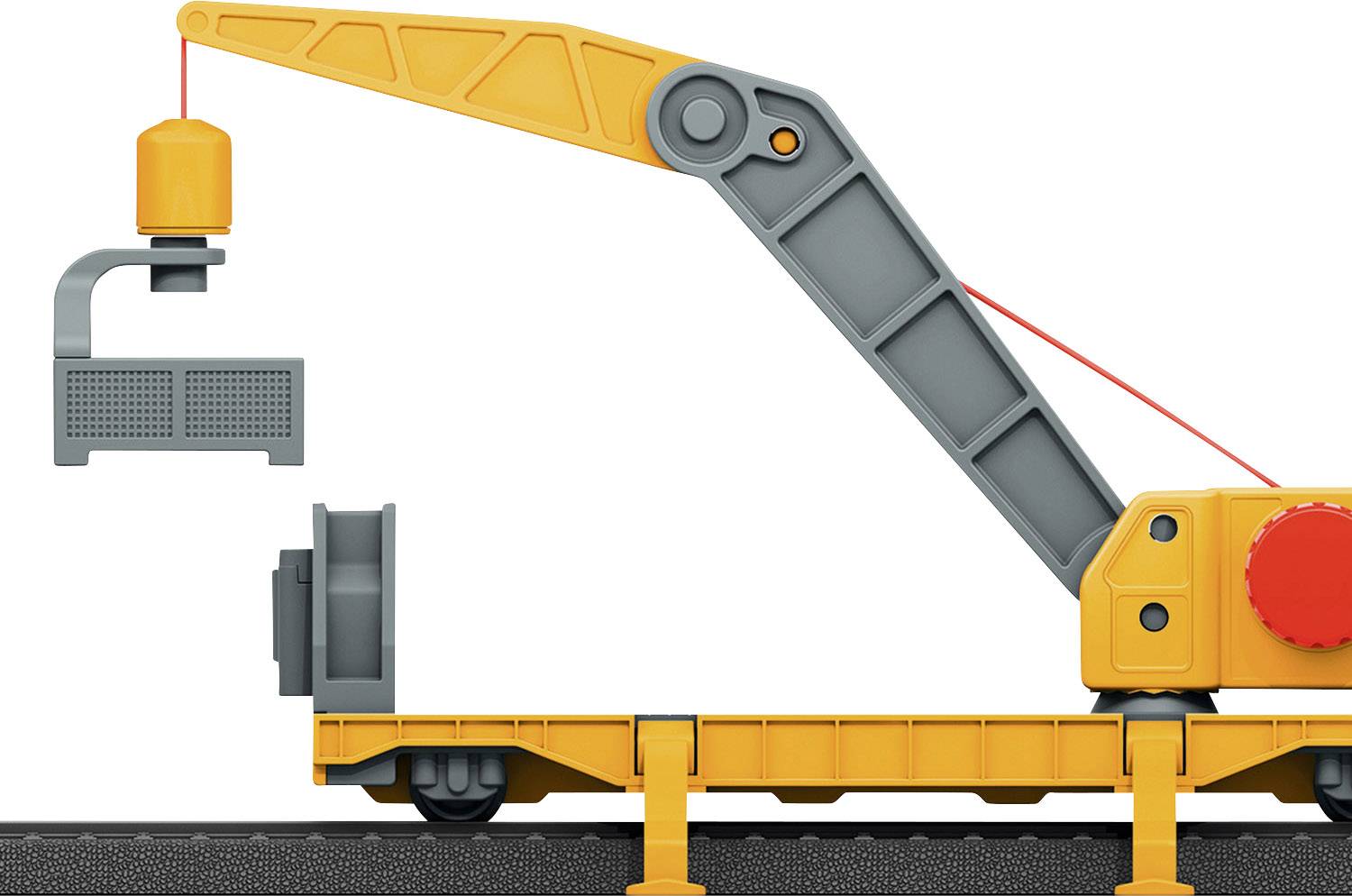 Toy crane on a track lifts a building block, consisting of a yellow hook and grey, rectangular building blocks.