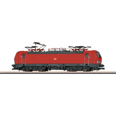 A red electric locomotive stands sideways on the tracks. It has multiple pantographs and the Deutsche Bahn logo.