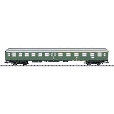 A green passenger train from Deutsche Bahn with a yellow decorative line, standing on railway tracks. Windows are evenly distributed on both sides.