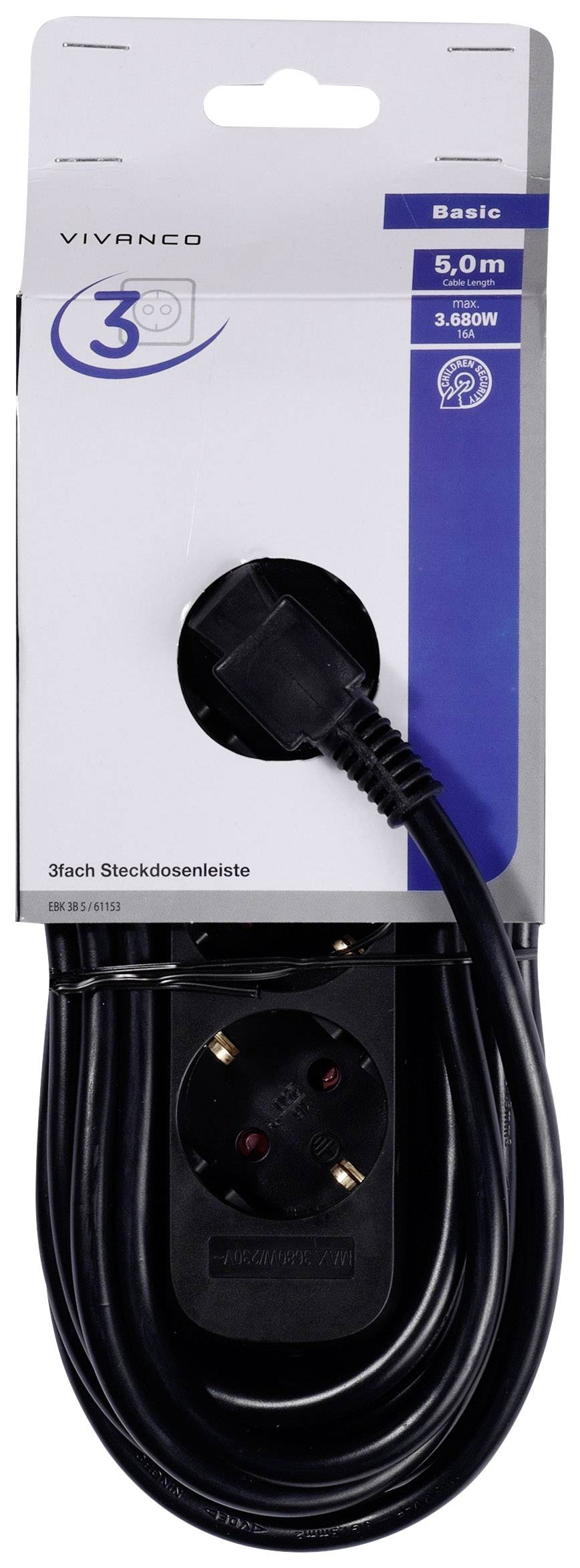 A 5-metre long 3-way plug extension lead by Vivanco, rated for 3,680 watts, suitable for indoor use. Includes a black cable.