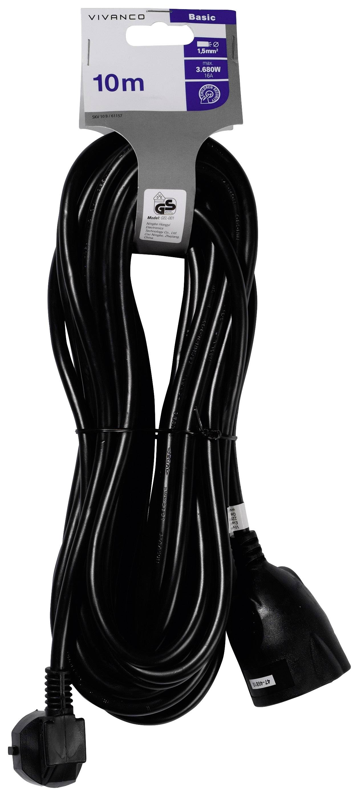 A black extension lead measuring 10 metres in length, packaged with a label displaying the 'Vivanco Basic' brand and specifications.