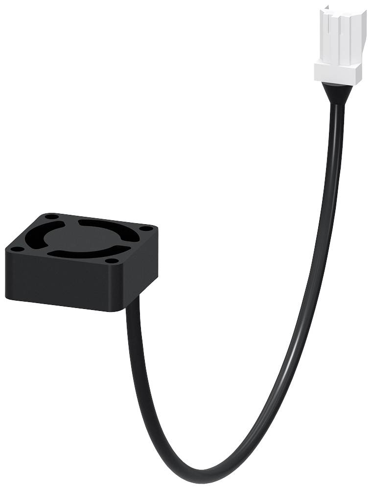 A small black fan with an attached cable and white plug. It is used for cooling electronic devices.