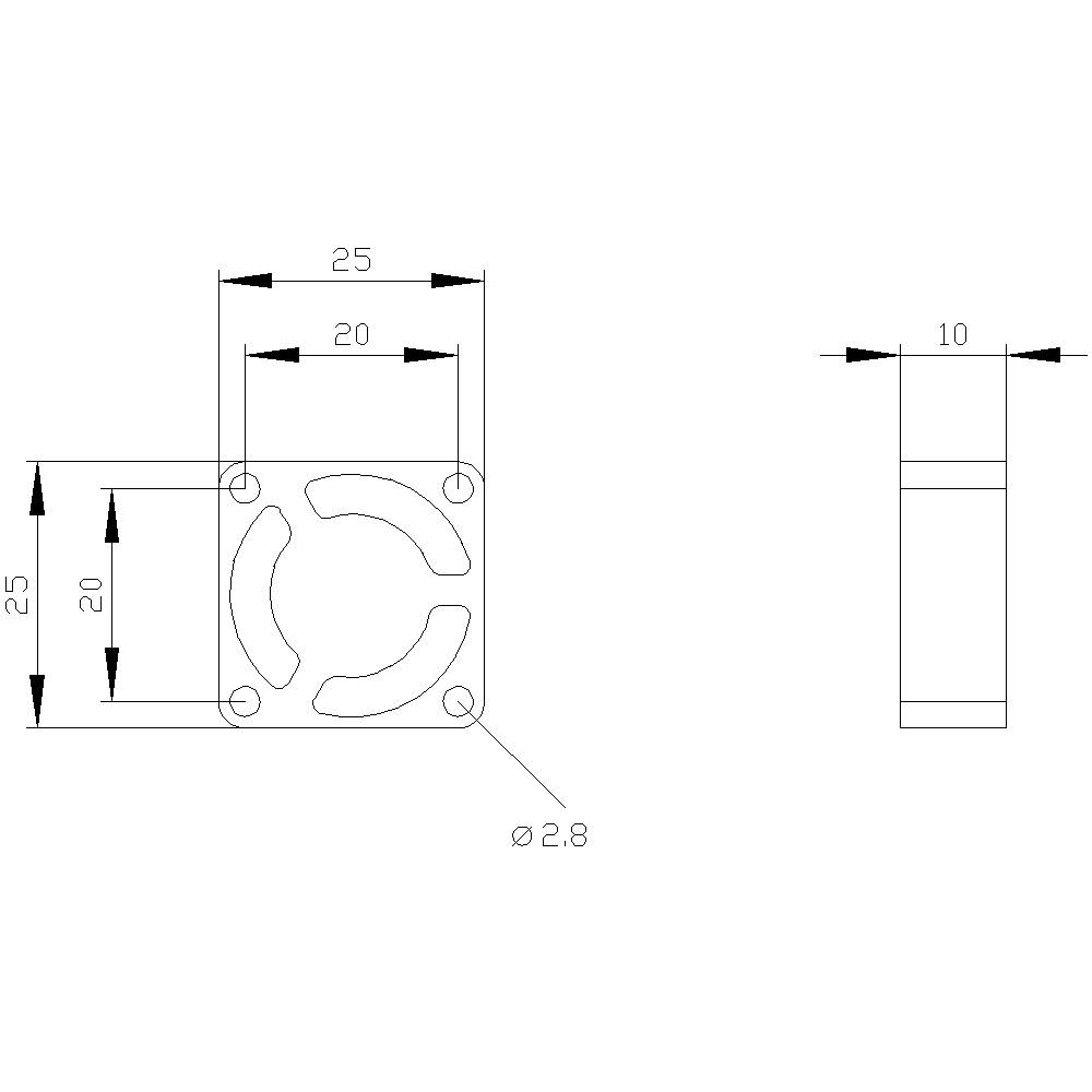 Technical drawing of a square component with circular openings, dimensions 25x25mm, fixing holes Ø 2.8mm.