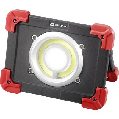 LED Construction Floodlight by TOOLCRAFT, black with red corners, central, round light, suitable for construction and repair work.
