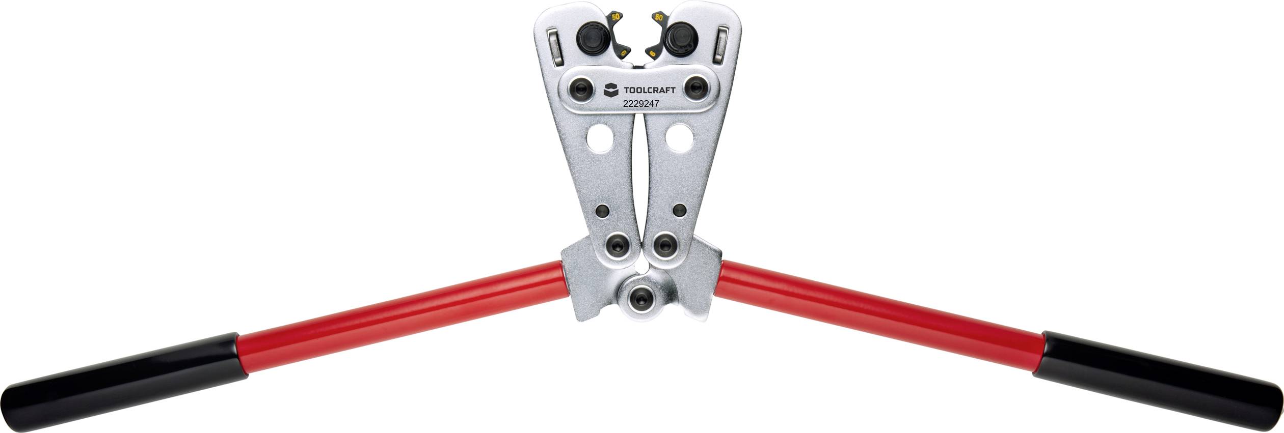 A manual crimping pliers with red handles and a silver head, used for connecting cables.