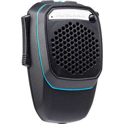 A handheld radio microphone by Midland, with a black casing, blue trim and a speaker grille at the front.