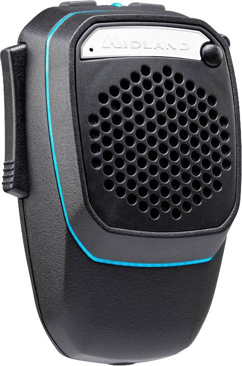 A black handheld microphone with a speaker grille, marked with a blue line and the text 'Midland'.