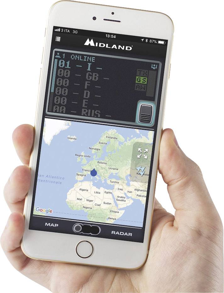 A hand is holding a smartphone displaying an app with a map view. A point in Europe is marked on the map, and various codes are shown at the top.