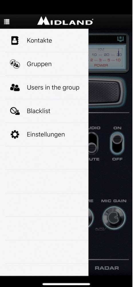 Main Menu of an App with Categories: 'Contacts', 'Groups', 'Users in the Group', 'Blacklist', 'Settings'. Dark Design.