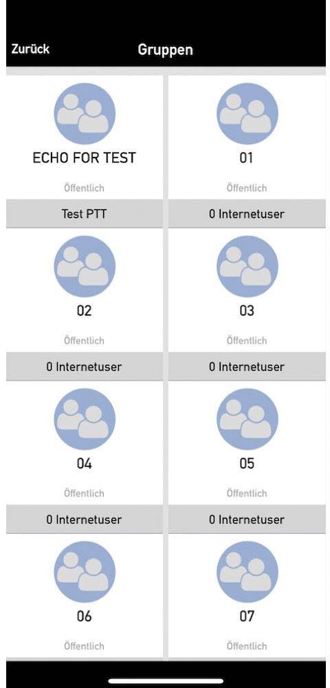 An app page displays a list of eight groups with their respective names (e.g., 'ECHO FOR TEST') and status 'Public'.