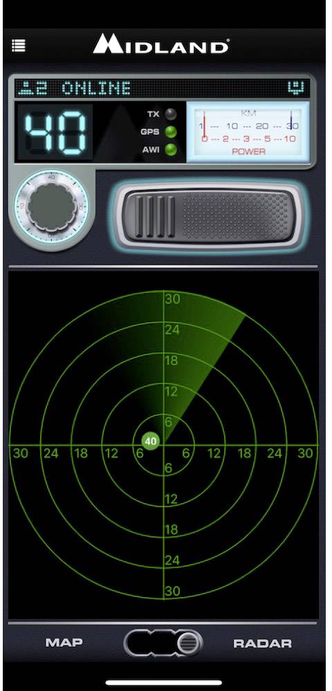 A screen displays a radio interface with indicators for signal strength, frequency, and a radar with coordinates.