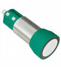 Sensor in cylindrical form with metal housing and green plastic cap; used for control in industrial applications.