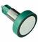 An inductive sensor with a green housing and a flat, circular head. Used for detecting objects without direct contact.