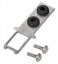 Metal mounting bracket with two rubber buffers and a rectangular opening, alongside two matching screws.