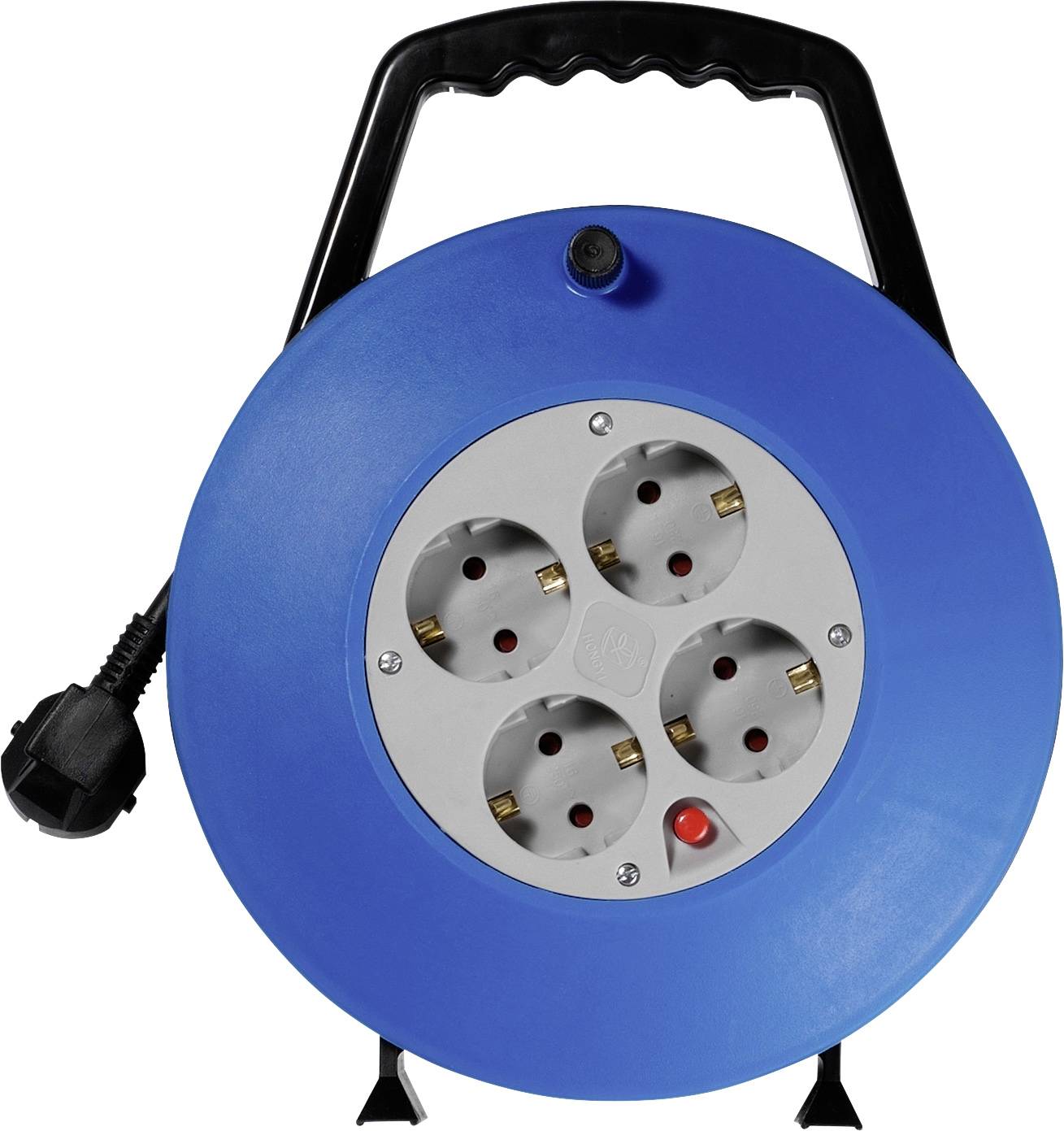 A blue cable reel with four plug sockets and a black handle.