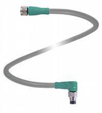 Grey, flexible hose with green connectors, one straight and one angled, for water or gas connections.