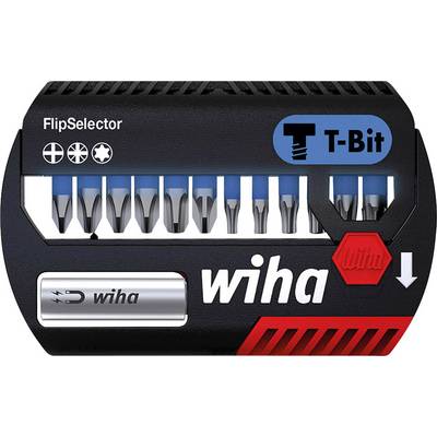 A set of eleven-piece screwdriver bits, packed in a black Wiha case with a red closure, labelled 'T-Bit'.
