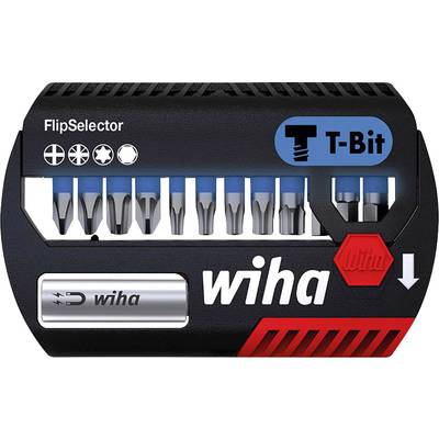 A set of Wiha screwdriver bits in a FlipSelector box, which contains various types and sizes of bits, marked with symbols.