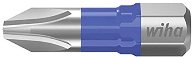 A silver and blue cross-head screwdriver bit with the 'wiha' logo embossed on the right.