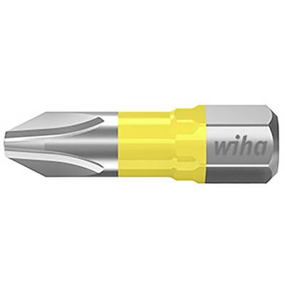 Phillips screwdriver bit with a yellow ring, metal body and 'wiha' lettering, used for screwdriver attachments.