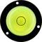 A round green spirit level with yellow liquid in the centre, surrounded by a black frame with four mounting holes.
