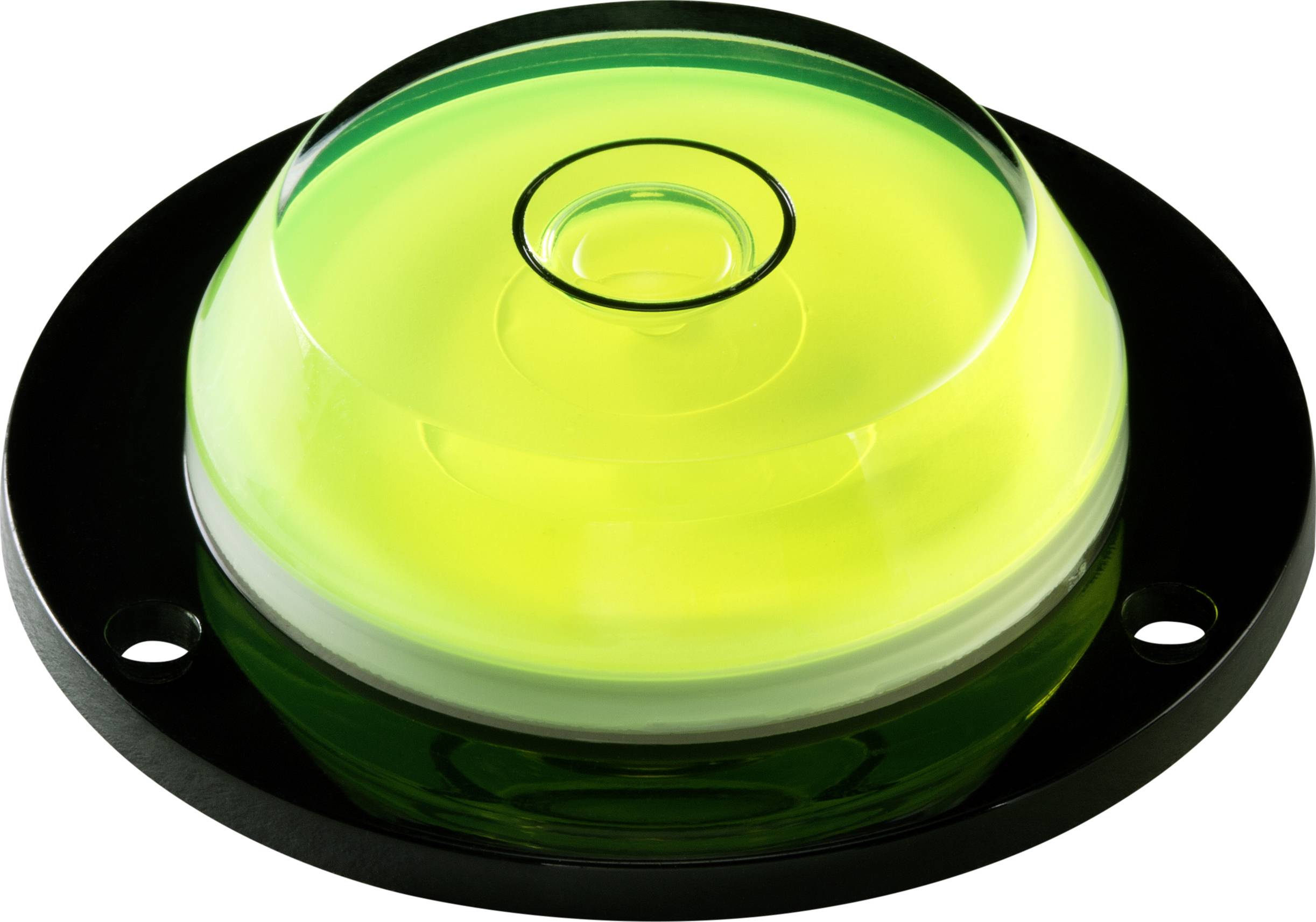 A round, flat spirit level with yellow liquid on a black base. It indicates horizontal alignment.