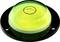 A round, flat spirit level with yellow liquid on a black base. It indicates horizontal alignment.