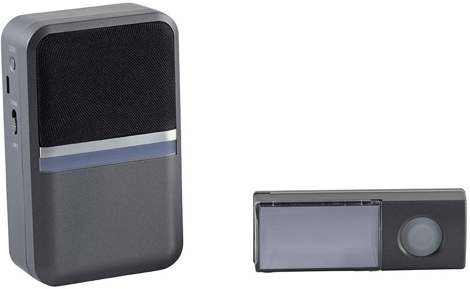 Wireless doorbell set with a grey-black receiver and transmitter. The receiver has a speaker at the front, and the transmitter has a button.