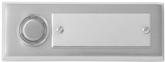 A silver doorbell with a round button and a rectangular name plate without any inscription.