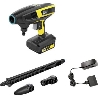 A portable pressure washer in black and yellow with accessories: extension nozzle, two attachments, and a charger.